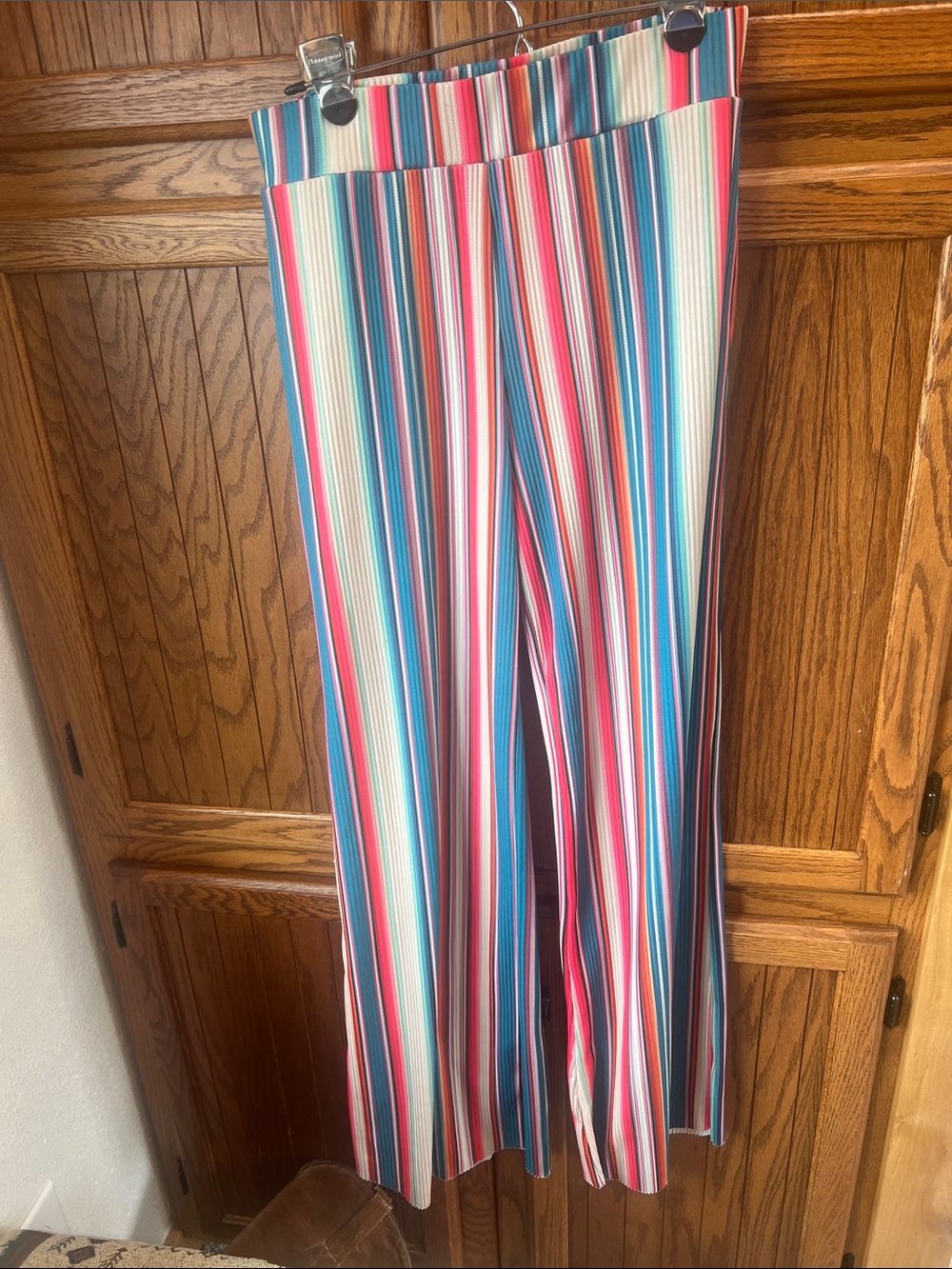 Crazy Train Teal Pink Orange Striped Pull on Pants